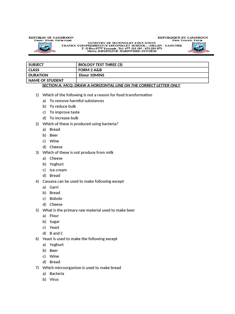 Form 2 Test 3BIO - 112250 | PDF | Breads | Yogurt
