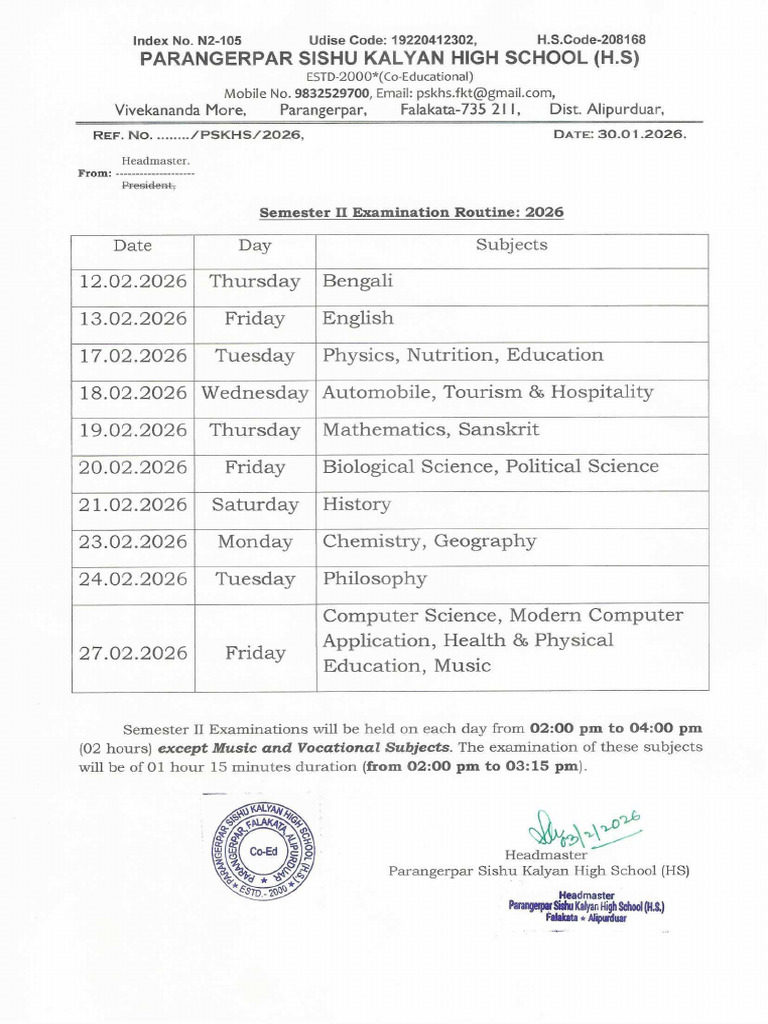Routine Semester II H.S 2026 | PDF