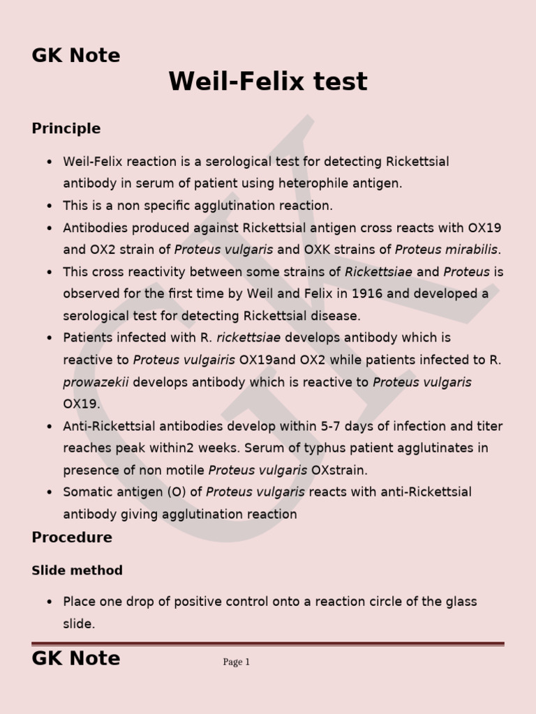 GK-Weil Felix Test | PDF | Medical Tests | Medical Specialties