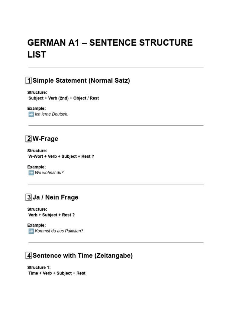 German A1 - Sentence Structure List | PDF