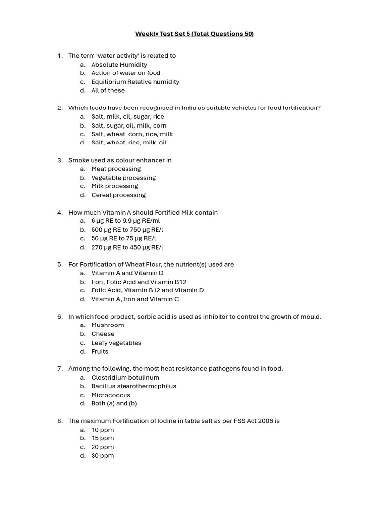 Weekly Test Series Set 5 | PDF | Food Science