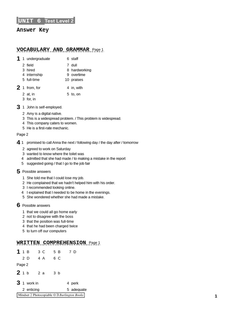 Answers Unit 6 Test Level 2 | PDF | Linguistics | Human Communication