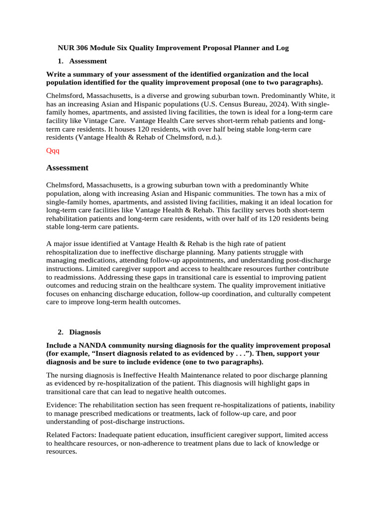 NUR 306 Module Six Quality Improvement Proposal Planner and Log | PDF ...