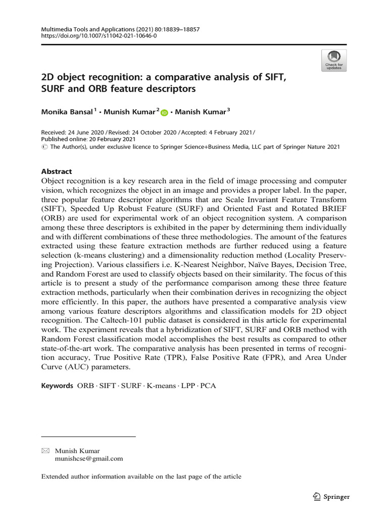 A Comparative Analysis of SIFT, SURF and ORB Feature Descriptors | PDF ...