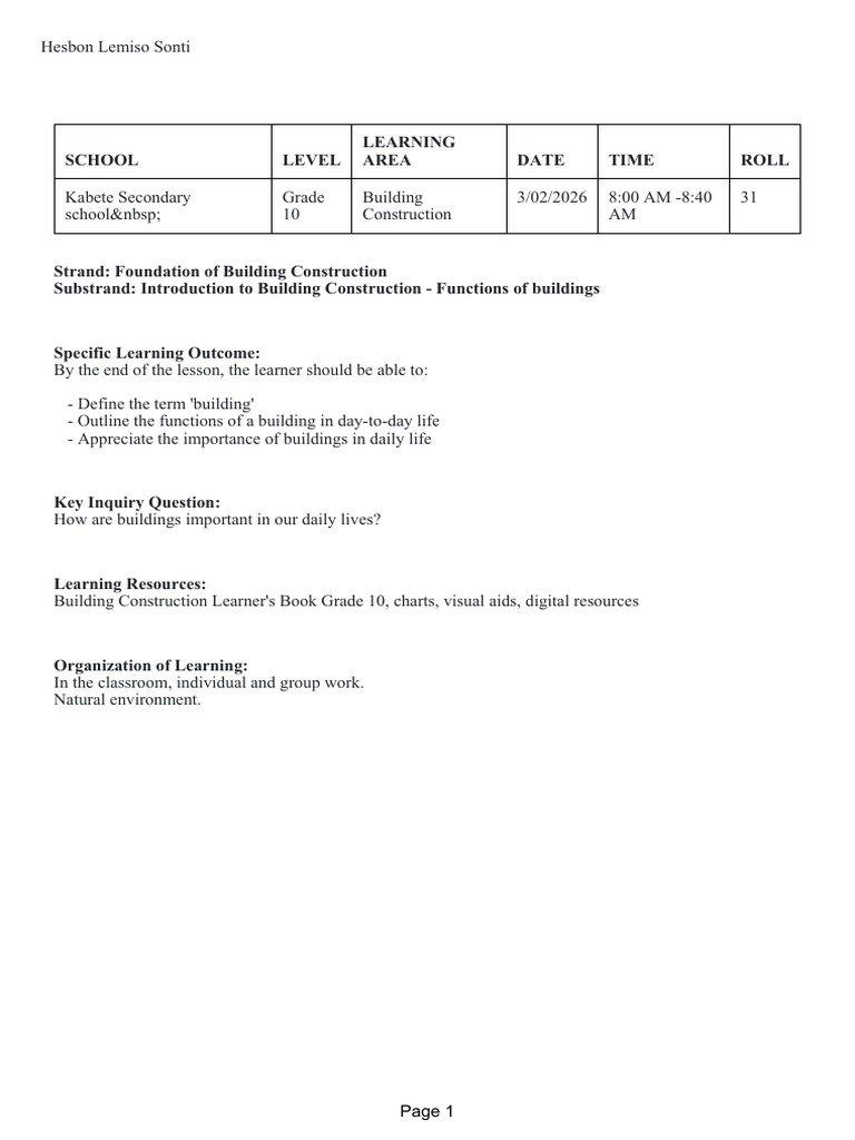 KICD Building Construction - Grade 10, LESSON PLAN1 | PDF | Learning ...