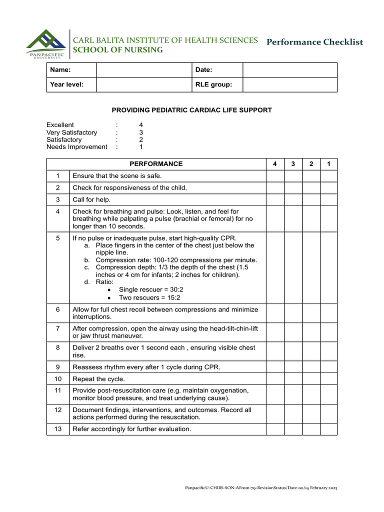 079 Performance Checklist - Pediatric BLS | PDF | Cardiopulmonary ...