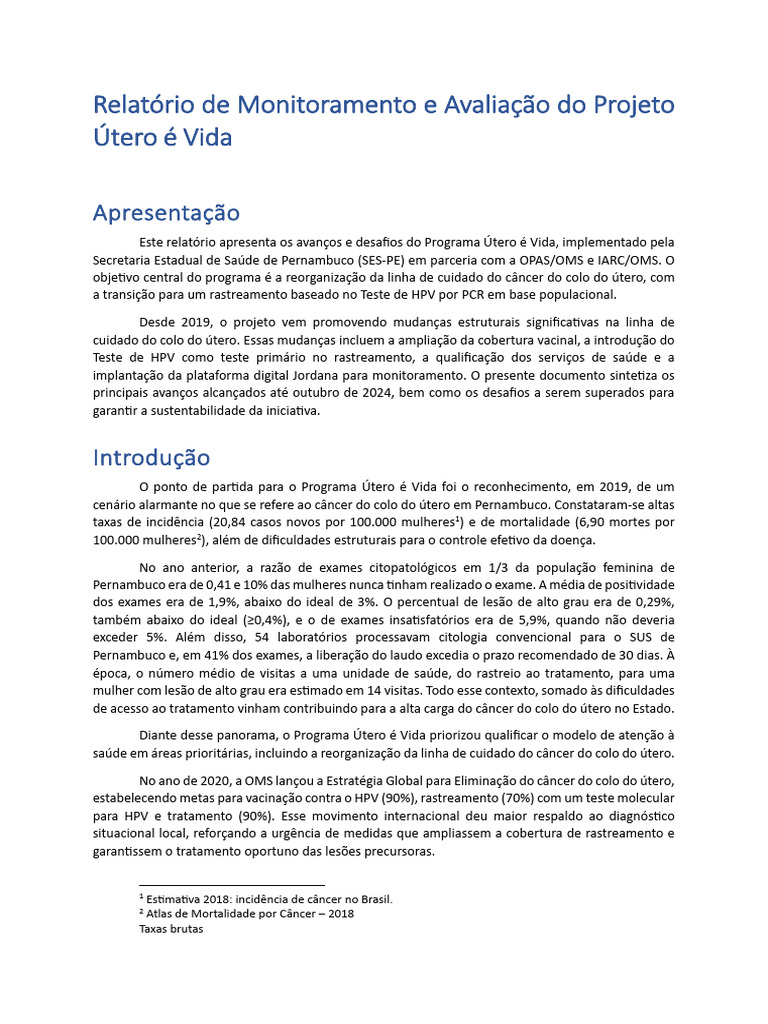 Relatório de Monitoramento e Avaliação Do Projeto Útero É Vida | PDF ...