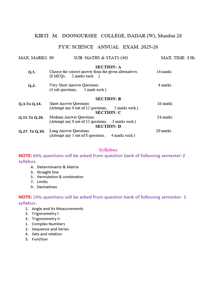 Maths Paper Pattern and Syllabus Annual Exam - 1 | PDF