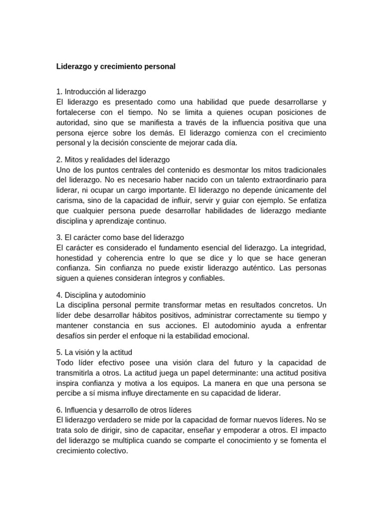 Liderazgo y Crecimiento Personal Resumen Detallado | PDF | Liderazgo ...