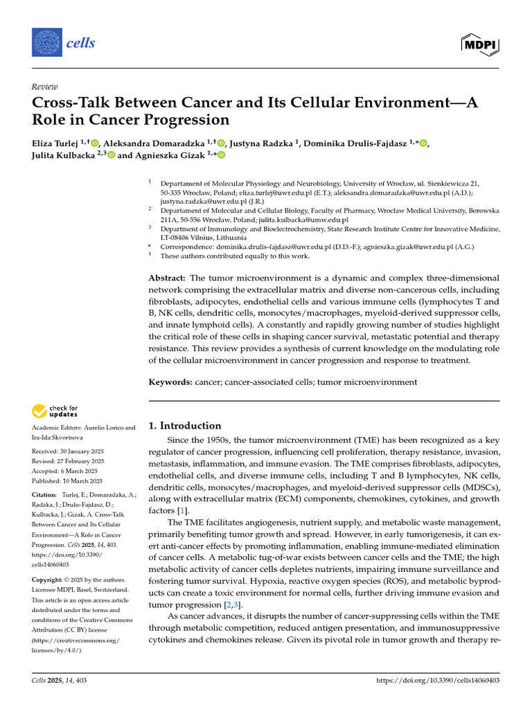 Cross-Talk Between Cancer and Its Cellular Environment—A Role in Cancer ...