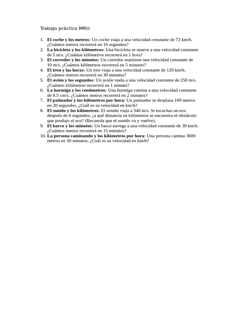 Ejercicios de MRU | PDF