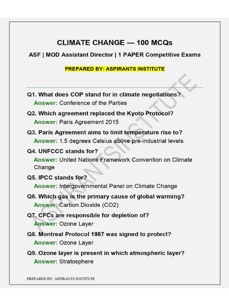 100 Climate Change MCQs | PDF
