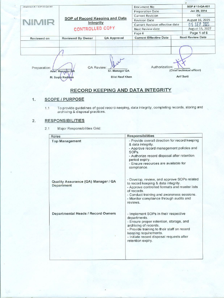 SOP of Record Keeping and Data Integrity (Rev# 03) | PDF