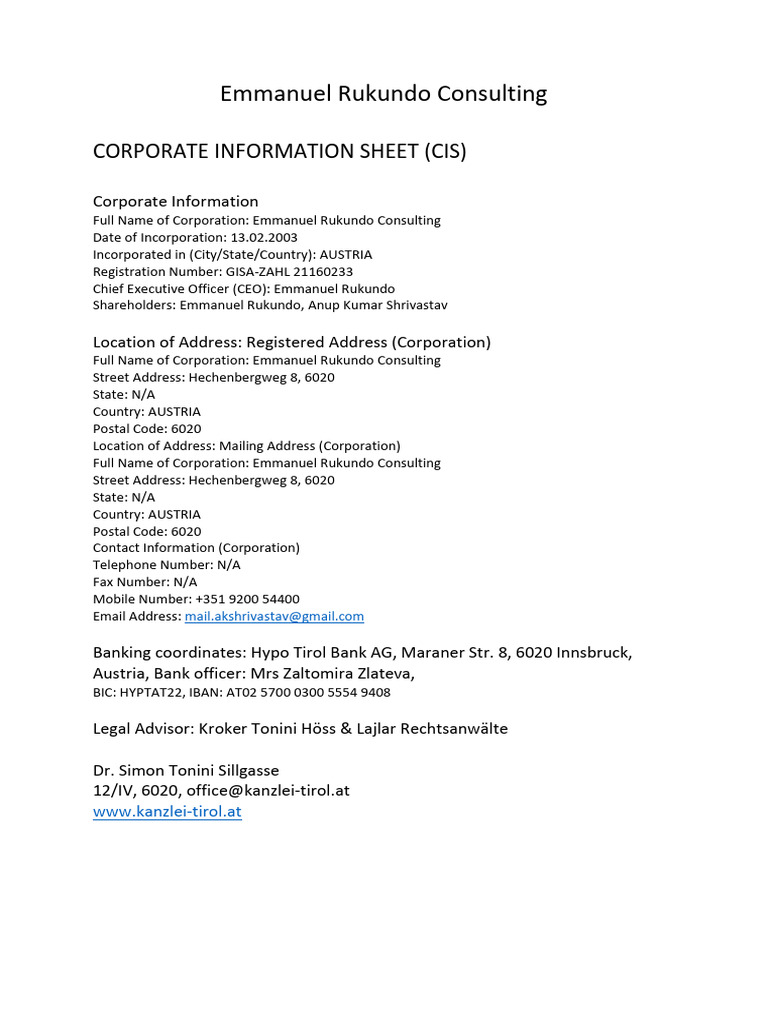 Emmanuel Rukundo Consulting: Corporate Information Sheet (Cis) | PDF