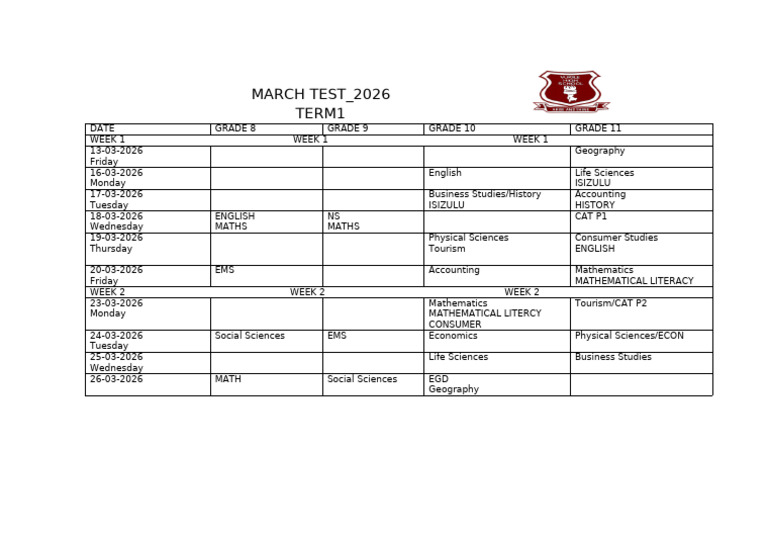 March 2026 Time Table | PDF