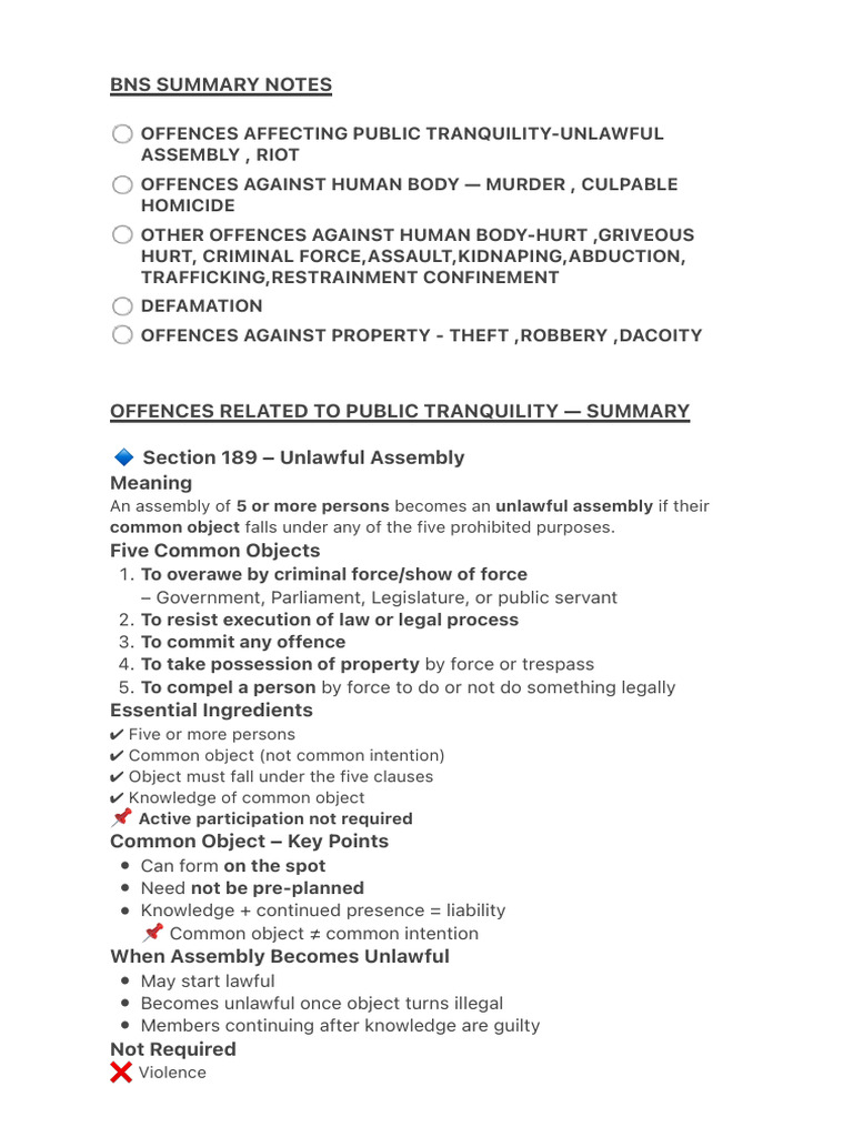 Bns Summary Notes | PDF | Mens Rea | Murder