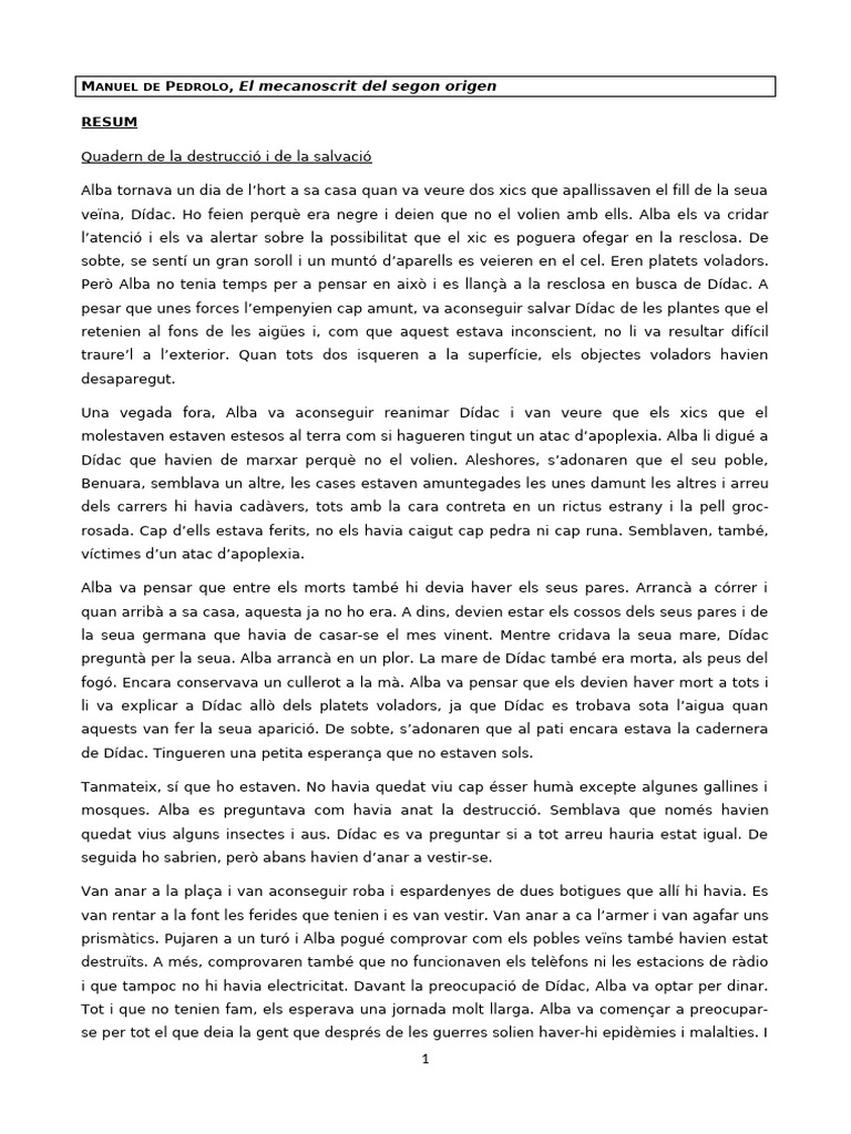 RESUM - El Mecanoscrit Del Segon Origen | PDF