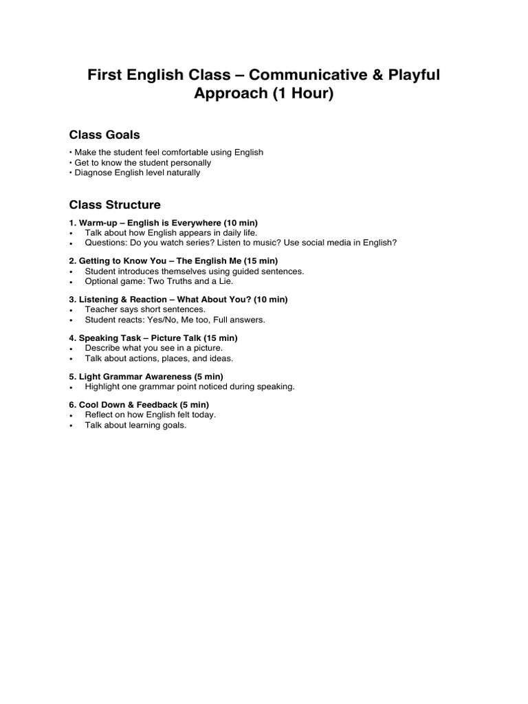First English Class Communicative Approach | PDF