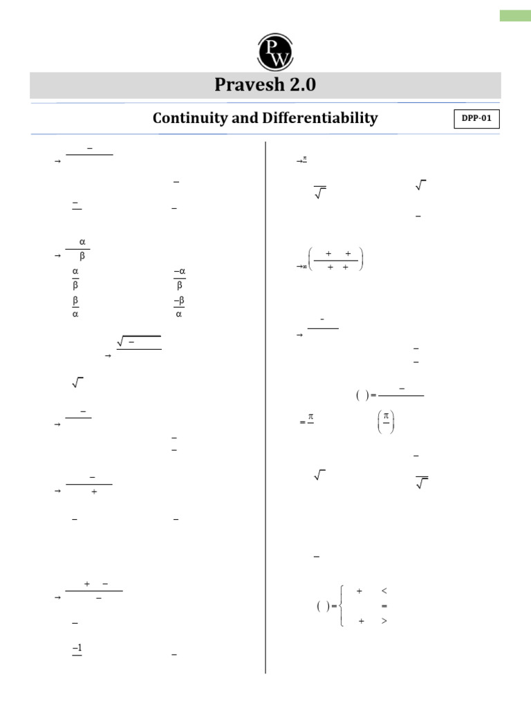 Continuity and Differentiability _ DPP 01 __ (Pravesh 2.0) | PDF ...