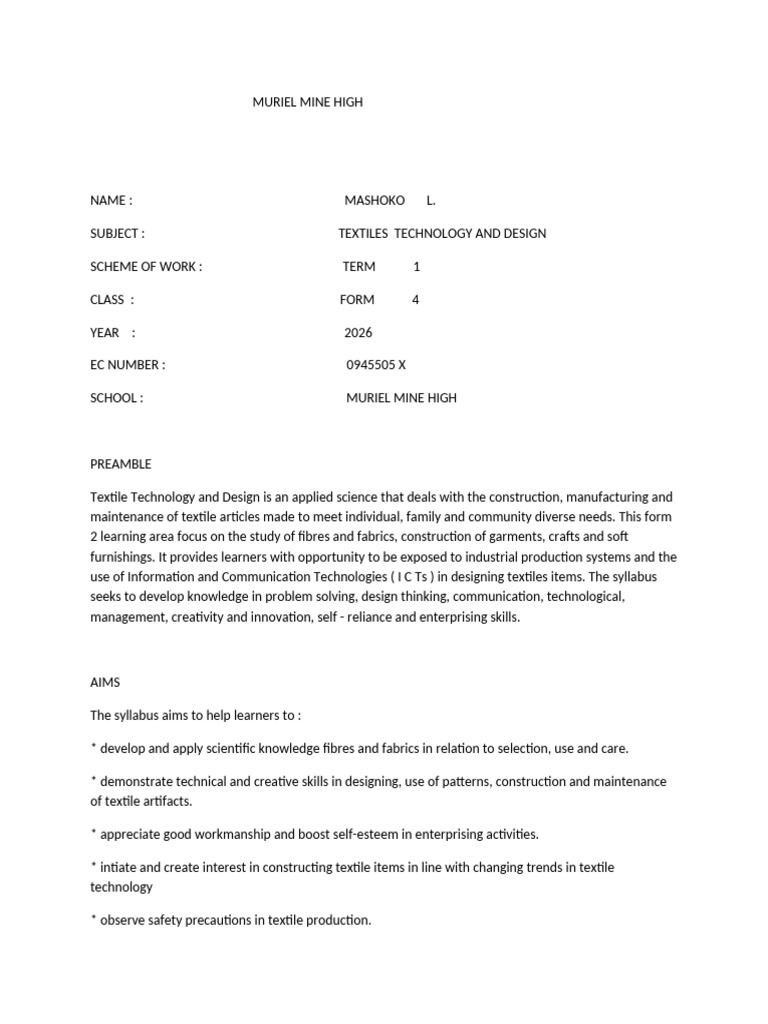 TTD 2026 Schemes of Work Form 4 Term 1 | PDF | Textiles | Textile ...