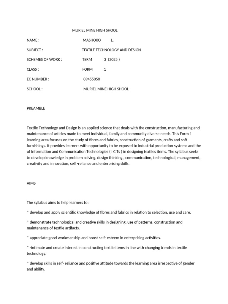 TTD Form 1 Schemes of Work Term 3 2026 | PDF | Textiles | Learning