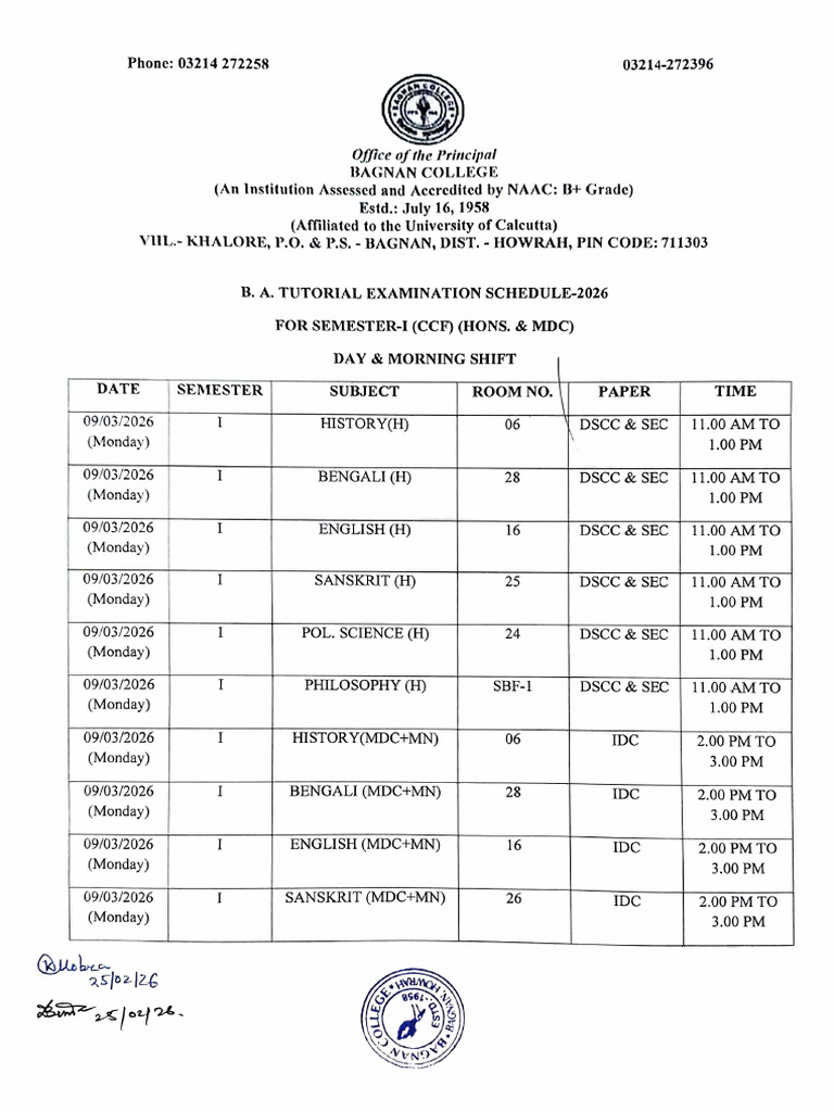 B. A. Tutorial Examination Schedule-2026 For Semester-I (CCF) (Hons ...