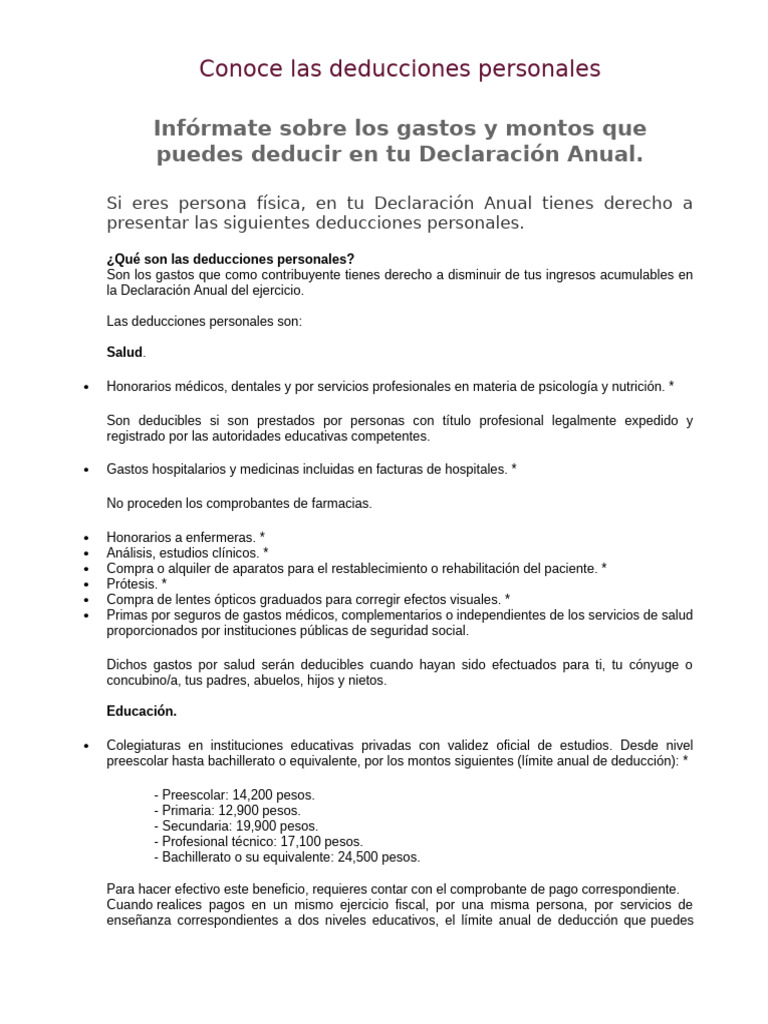 Conoce Las Deducciones Personales | PDF | Impuestos | Cuidado de la salud