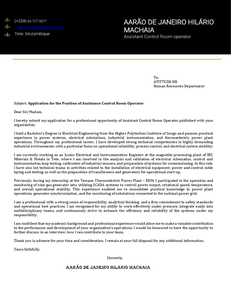 Cover Letter Aarão Control Room Operator | PDF | Instrumentation ...