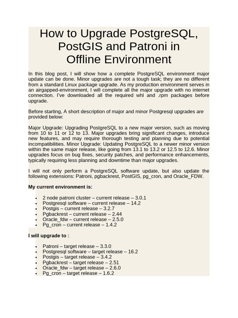 How To Upgrade PostgreSQL, PostGIS and Patroni | PDF | Postgre Sql ...