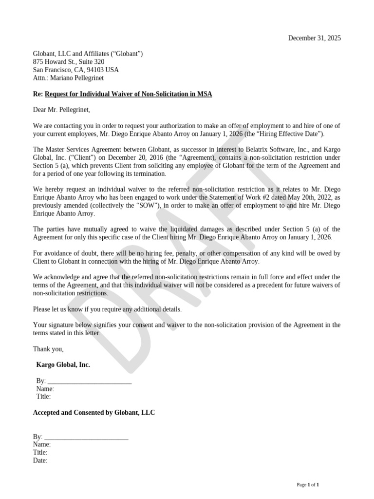 Waiver of Non-Solicitation - MR Diego Abanto - DRAFT | PDF