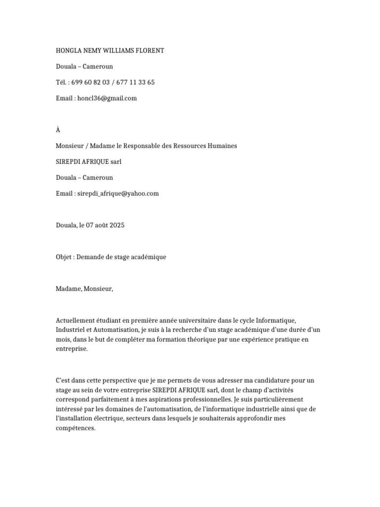 Lettre de Motivation Hongla Nemy Williams | PDF