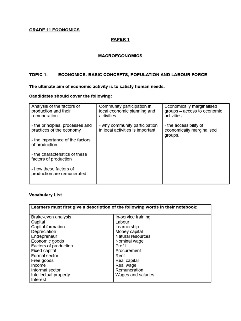 Grade 11 Topic 1 - Fop | PDF | Capital (Economics) | Labour Economics