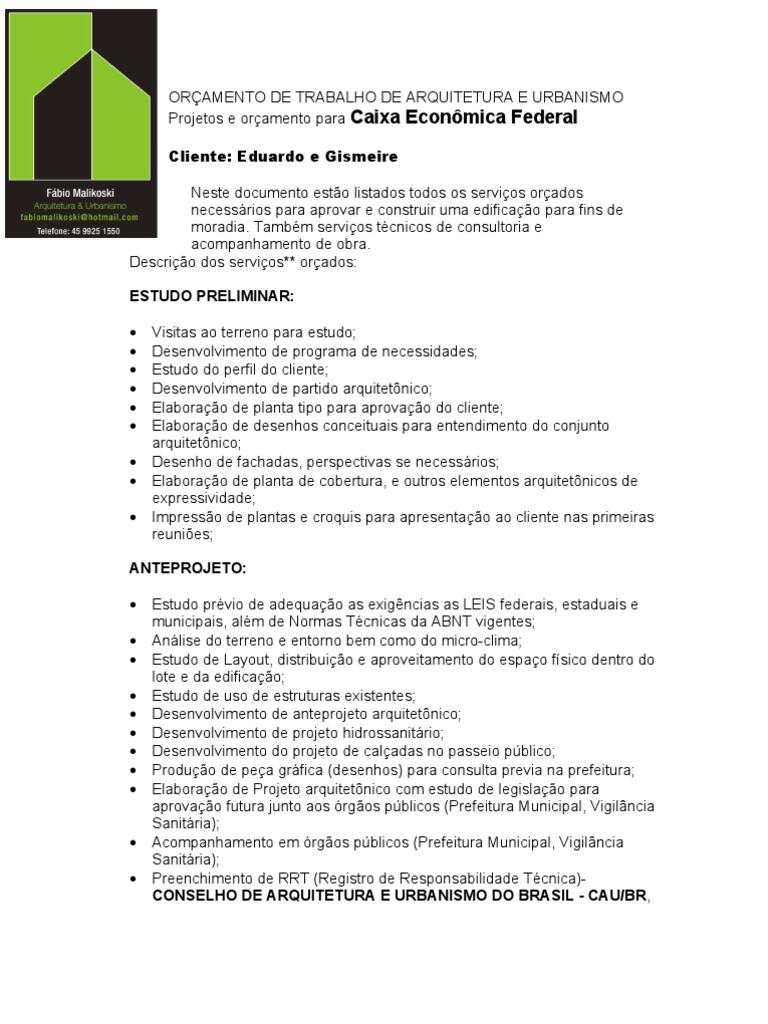 ORÇAMENTO DE TRABALHO DE ARQUITETURA Modelo 2012 | PDF | Orçamento | Esboço