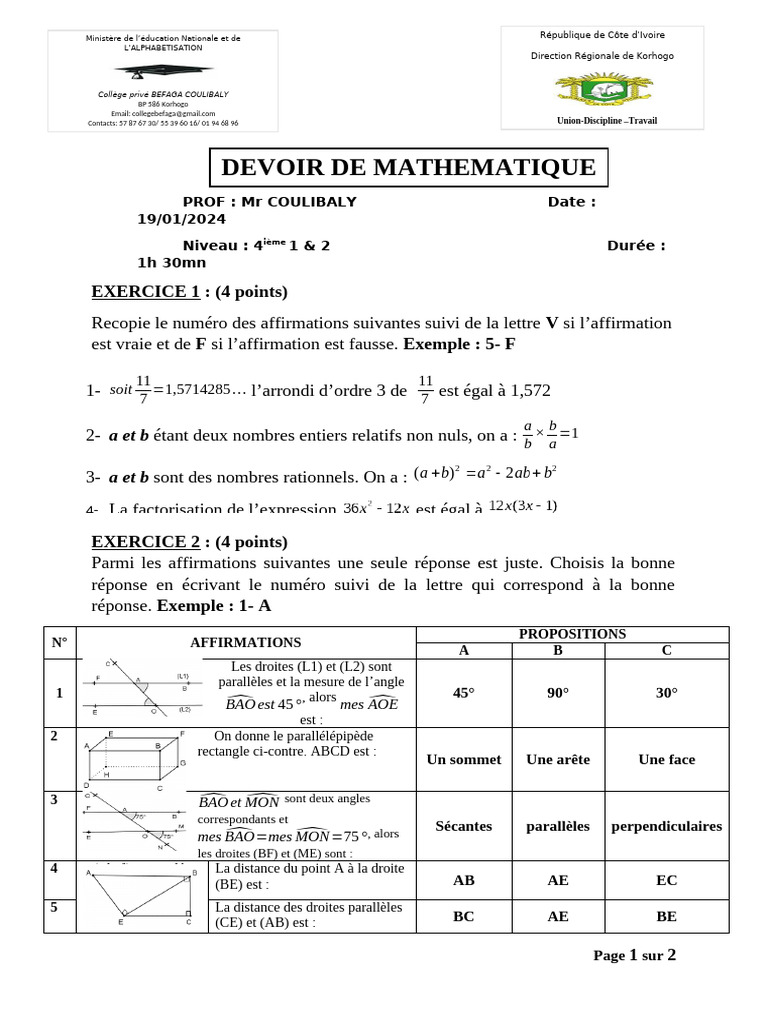 Devoir t2 4ieme | PDF | Mathématiques
