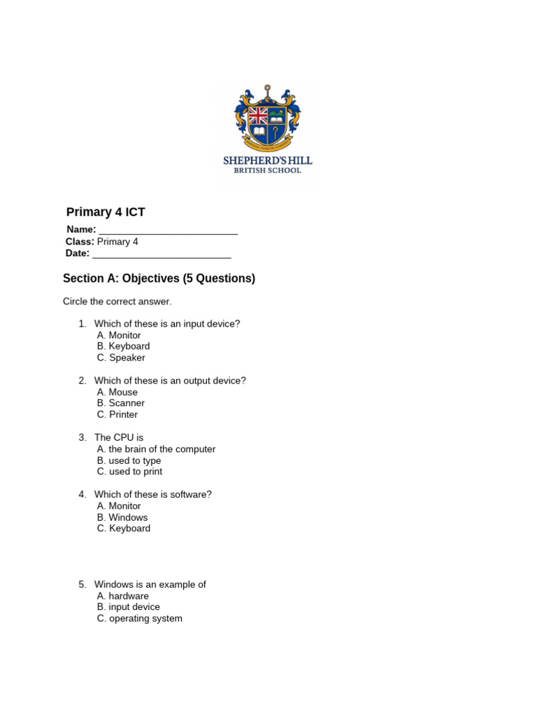 Primary 4 ICT Mid Term Test | PDF