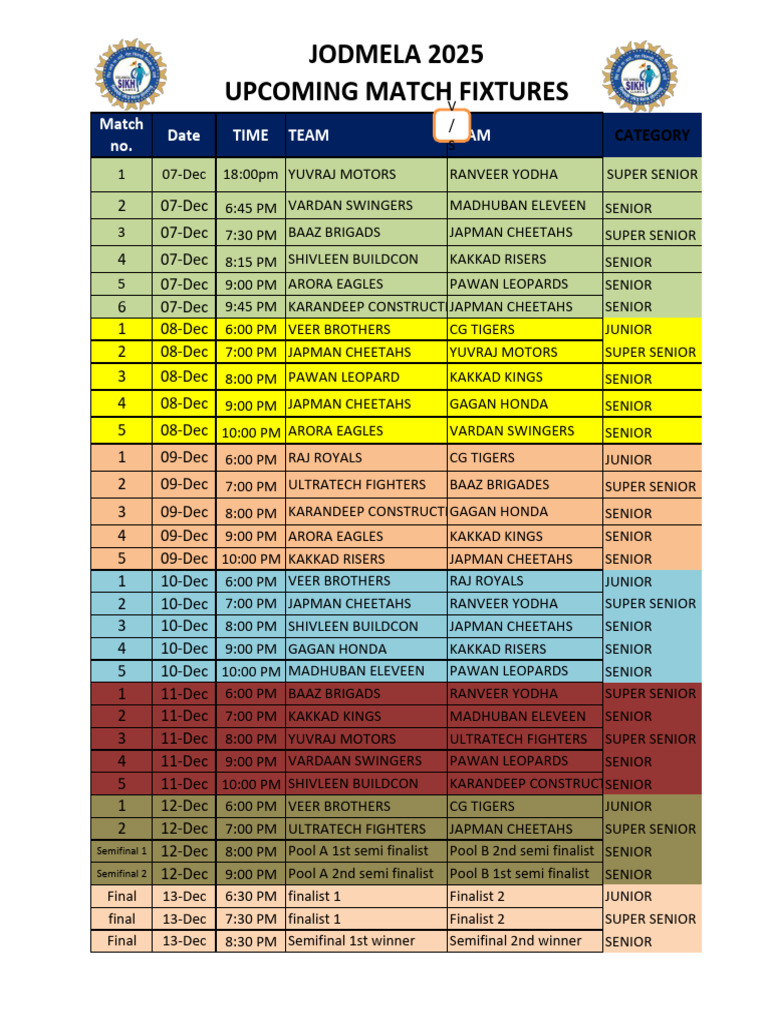 Upcoming Match Fixtures | PDF