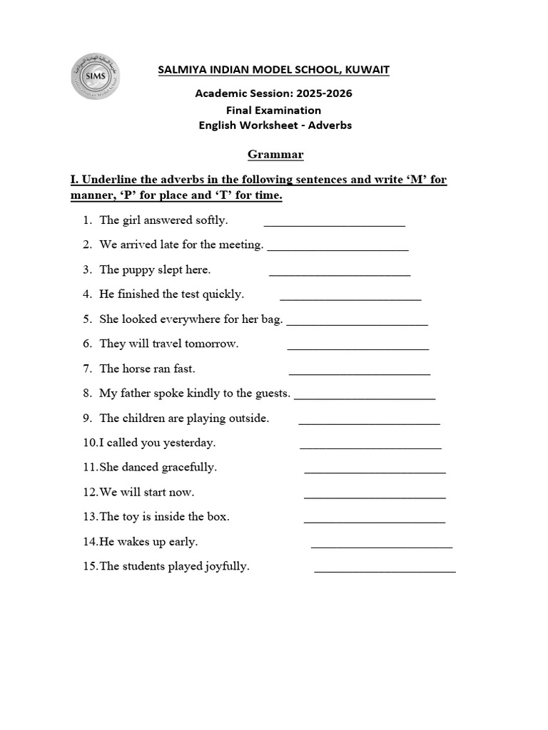 Gr3 Final Exam Adverbs Worksheet (25-26) | PDF