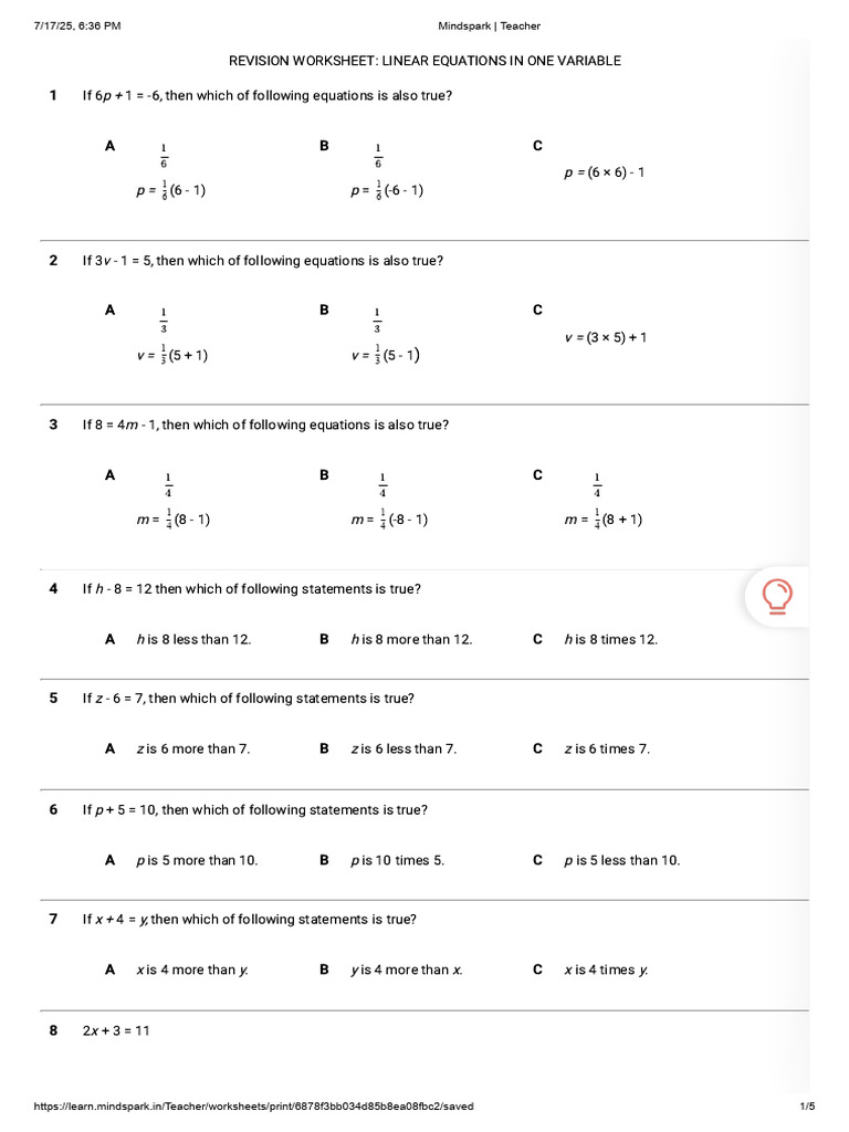 Revision Worksheet Linear Equation in One Variable | PDF | Equations ...