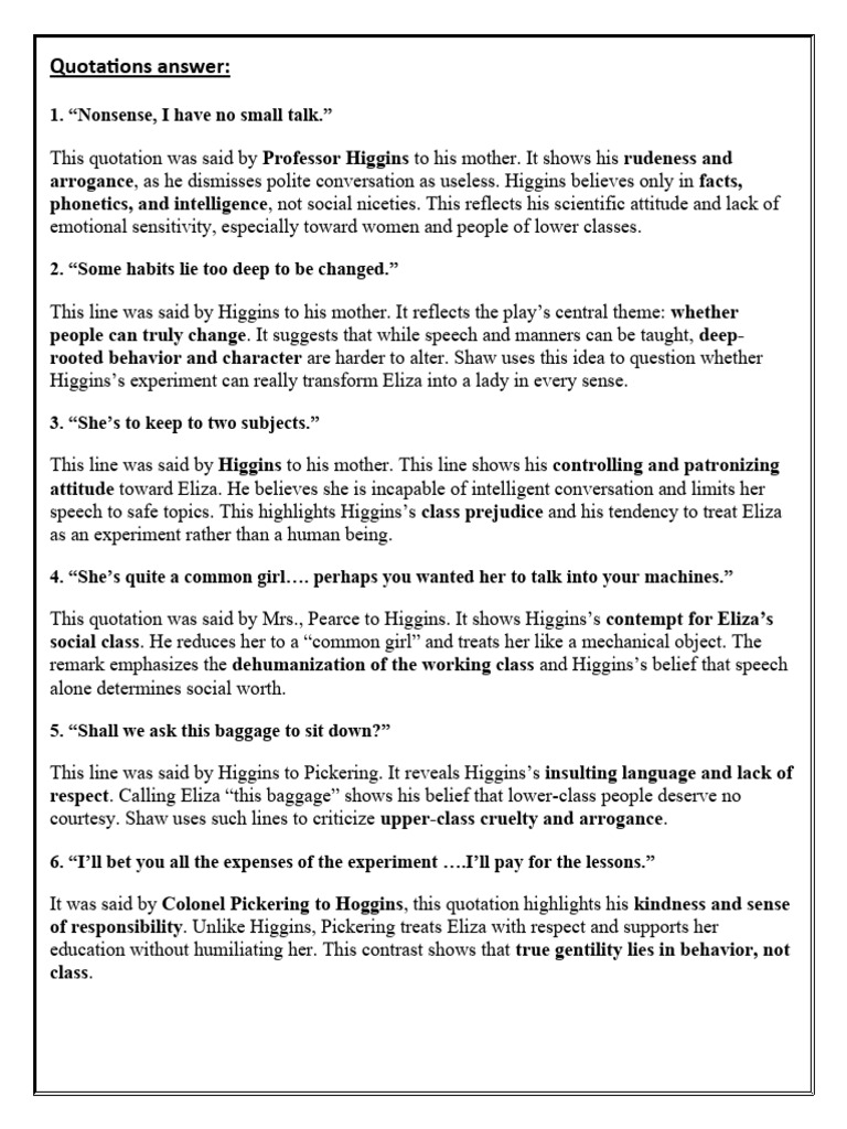 Quotations Answer Pygmalion Act 1,2,3 | PDF | Pygmalion (Play)