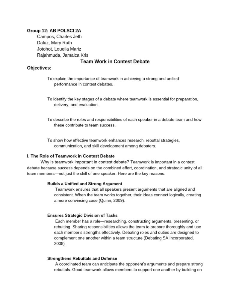 Team Work in Contest Debate | PDF | Cognition