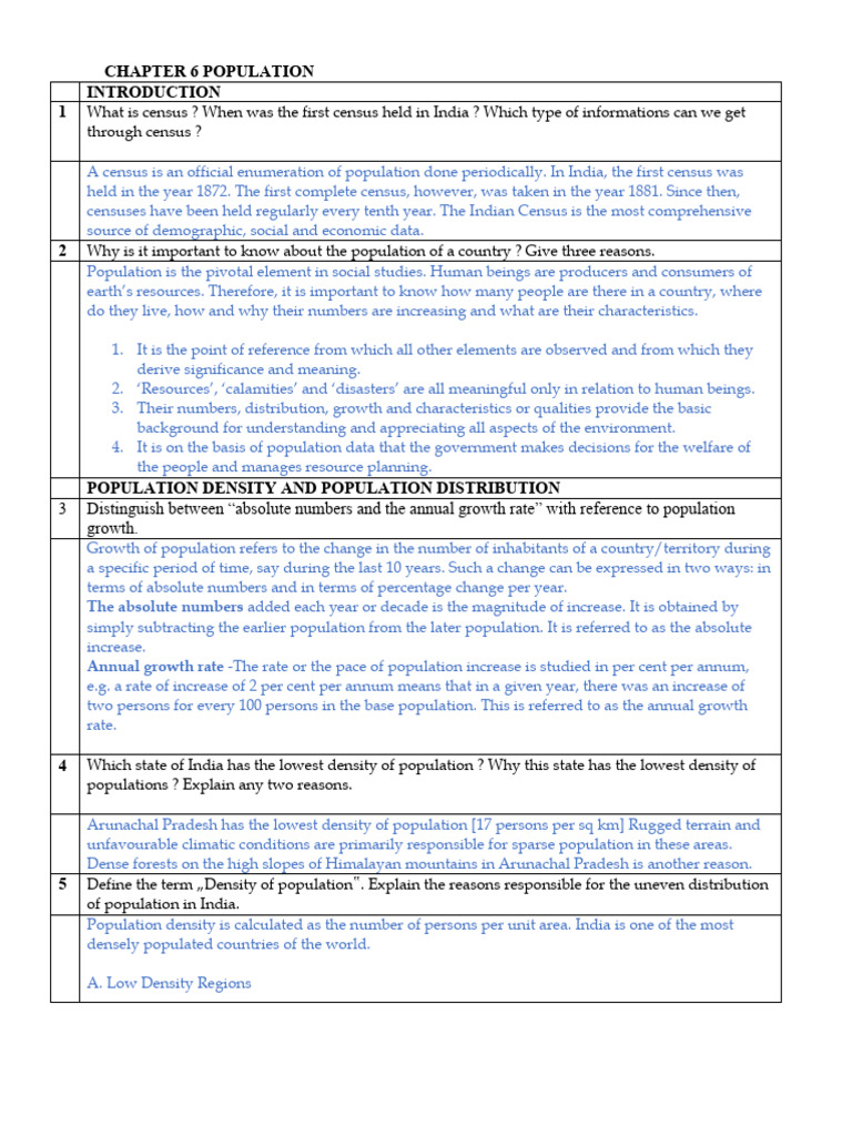 Exemplar Questions 6 POPULATION (1) | PDF | Human Migration | Census