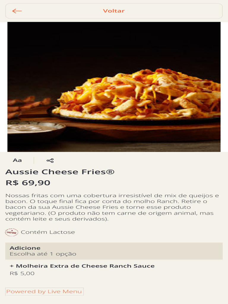 Aussie Cheese Fries® - Live Menu Outback Steakhouse Natal | PDF
