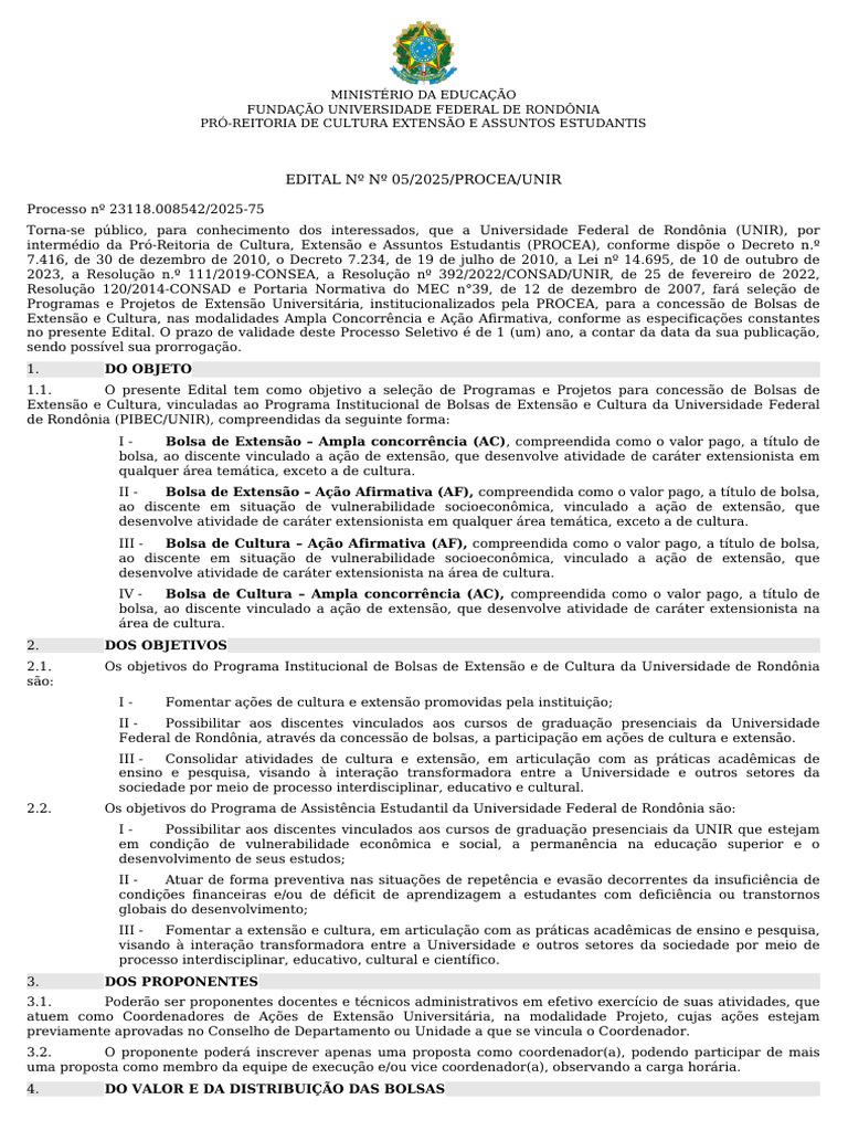 Edital N 05 2025 PROCEA UNIR 700970574 | PDF | Universidade | Ação ...
