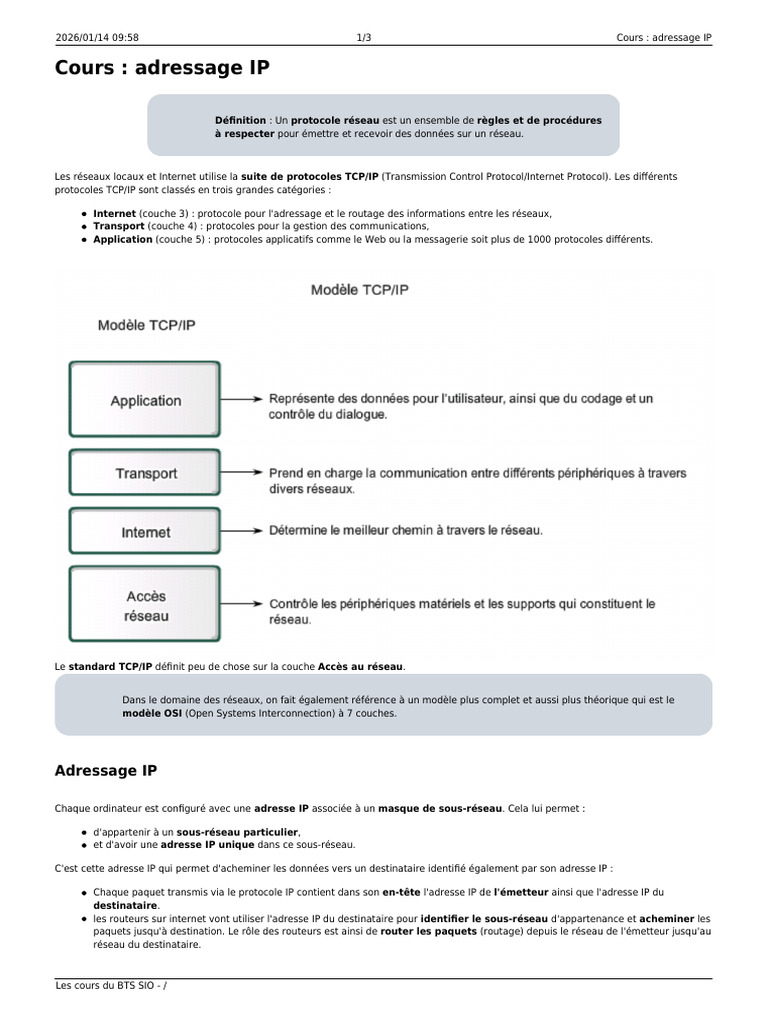 Cours Adressage Ip | PDF | Protocoles Internet | Adresse IP