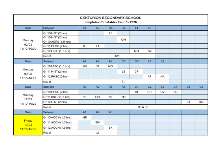 2026 Term 1 Test Invigilation-1 | PDF