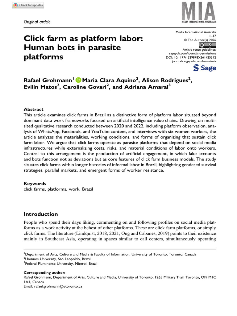 Grohmann Et Al 2026 Click Farm As Platform Labor Human Bots in Parasite ...