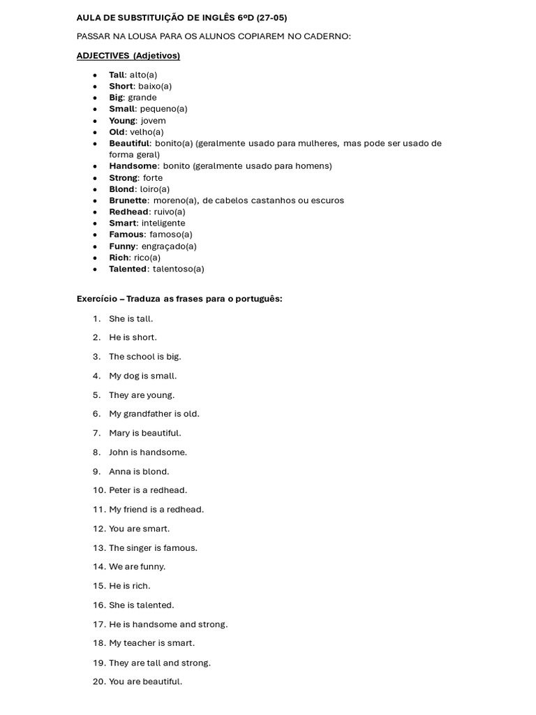 Aula de Substituição de Inglês 6ºd | PDF