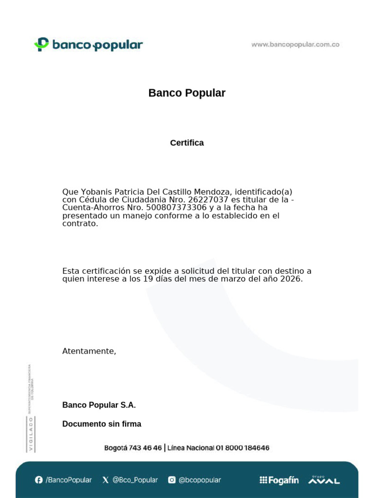 Certificado Banco | PDF