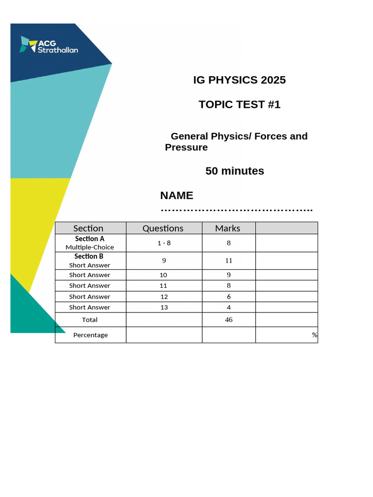 General Physics & Forces and Pressure Test 2025 | PDF