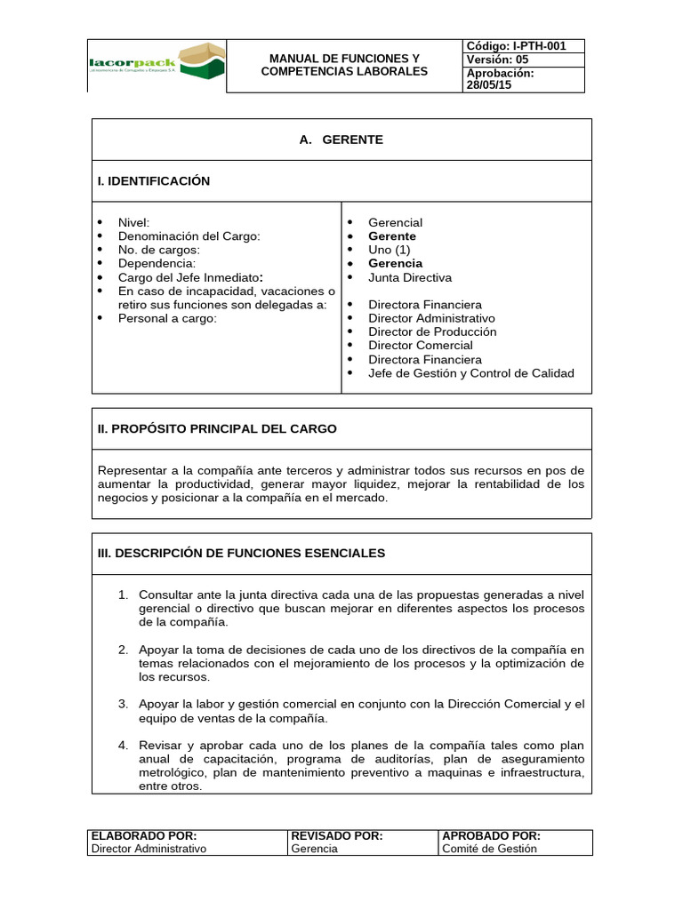 I-PTH-001 Manual de Funciones y Competencias Laborales - 05 | PDF ...